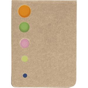 A notepad with a brown cover featuring five coloured tabs in orange, green, pink, light green, and blue. It has a logo.