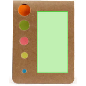 A brown sticky notepad with a green note section and coloured dots on the side. Features a logo on the cover.