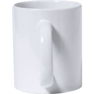 A white coffee mug with a glossy finish and a curved handle, featuring a branding logo.