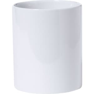 A white coffee mug with a smooth, glossy finish and a simple design. It features a branding logo.