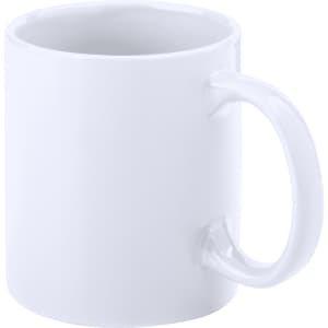 A white coffee mug with a smooth finish and a curved handle. It features a branding logo.