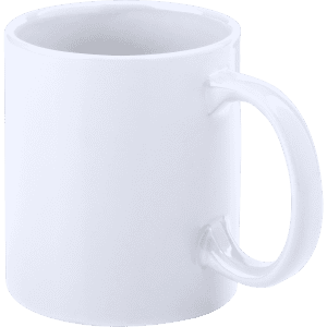 A white coffee mug with a transparent handle and a simple design. It features a logo on one side.