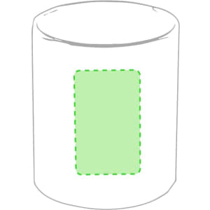 A white coffee mug with a green rectangular space and a logo.