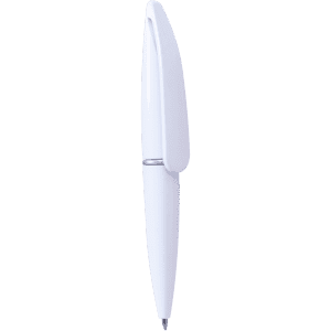 A sleek white pen with a unique curved design and a clip, featuring a silver band.