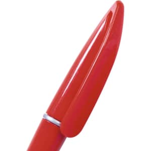 A red pen with a sleek design and a metal clip, featuring a glossy finish and a rounded tip.