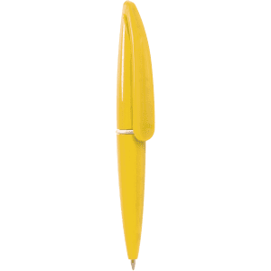 A yellow mini pen with a sleek design and a clip, featuring a logo.