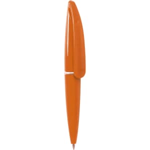 An orange pen with a sleek design and a built-in clip, featuring a logo on its side.