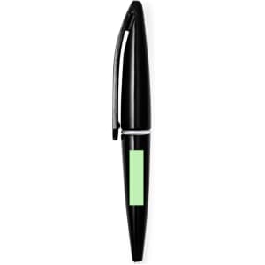 A black pen with a green accent and a clip. The pen has a sleek design and features branding.