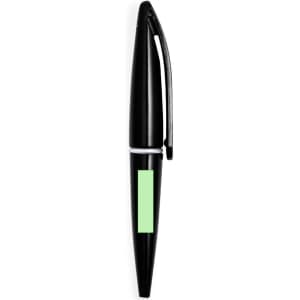 A black pen with a sleek design and a clip, featuring a small green area for branding.
