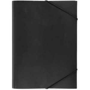 A black compendium with an elastic closure, suitable for holding documents and notes. Features a logo on the cover.