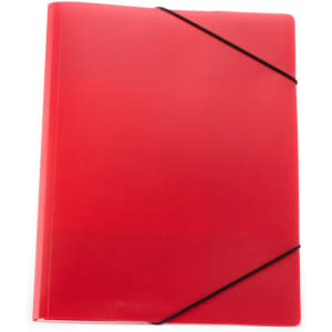 A red folder with elastic bands for closure, designed for office and business use. Features a branding logo.