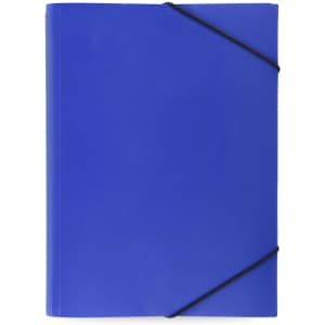 A blue folder with elastic closure, designed for office and business use, featuring a logo on the front.