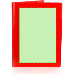A red Alpin Folder with a blank green interior, featuring a logo on the cover.