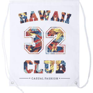 A white drawstring bag featuring a colourful floral design with the text "HAWAII 32 CLUB" and branding.