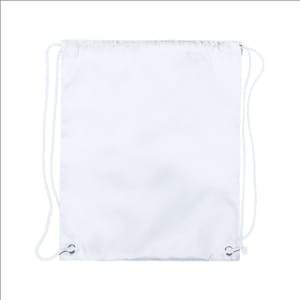 A white drawstring bag featuring a simple design and white drawstrings, with grommets for secure closure.
