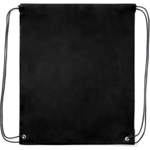 A black drawstring bag with cinch closure and eyelets for the drawstrings. It features a smooth, textured surface.