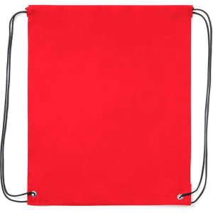 A red drawstring bag featuring black cord straps and eyelets for secure closure. It has a simple, solid design.