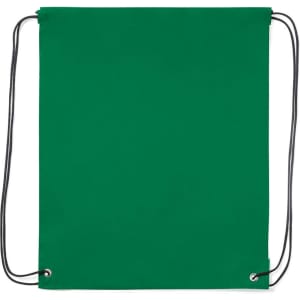 A green drawstring bag with black cords, featuring a simple design and eyelets at the bottom.