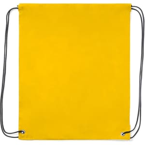 A yellow drawstring bag with black cords. It has a simple design and includes a logo.