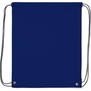 A navy blue drawstring bag featuring two black cords and eyelets for closure. The bag has a smooth texture.