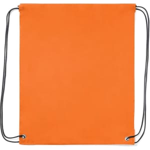 An orange drawstring bag with black cords and metal eyelets for closure. It has a simple design with no visible logos.