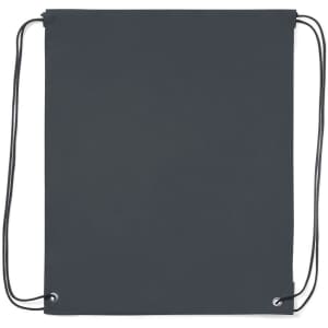 A dark grey drawstring bag with black cords and eyelets, featuring a simple design.