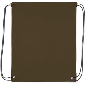A dark brown drawstring bag featuring corded straps and eyelet openings. It has a minimalistic design.