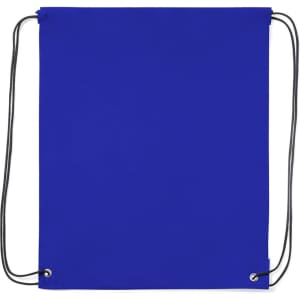 A blue drawstring bag with black cords, featuring a simple design and a logo.