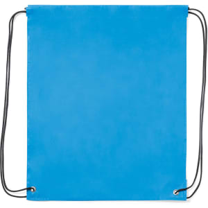 A blue drawstring bag with black cords and eyelets, featuring a simple design.