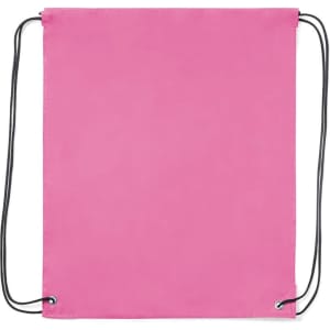 A pink drawstring bag with black cords, featuring reinforced eyelets. It has a simple and minimalist design.