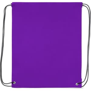 A purple drawstring bag featuring black cords and metallic eyelets. It has a simple, solid colour design.