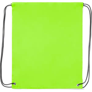 A bright green drawstring bag with black cords, featuring a simple design and no visible branding.