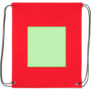 A red drawstring bag featuring a plain green square in the centre. It has black drawstrings for closure.