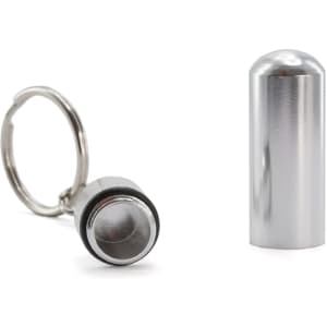 A silver keyring pillbox with a cylindrical container and a keyring attachment.