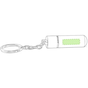 A silver keyring pillbox with a green accent, attached to a chain for convenient use.