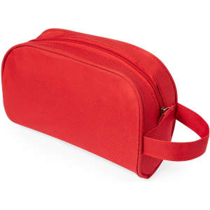 A red toiletry bag with a zipper and a handle for easy carrying. Features a simple design and a logo.
