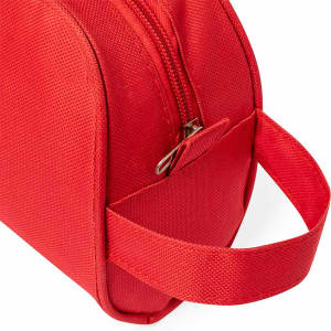A red toiletry bag featuring a zip closure and a handle for easy carrying. It has a textured outer surface and a logo.