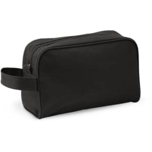 A black toiletry bag with a zipper and side handle, featuring a simple, sleek design and no visible branding.