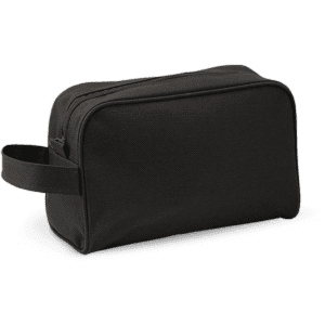 A black toiletry bag with a carry handle, featuring a zip closure and a simple design. It has a logo on one side.