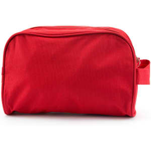 A red toiletry bag with a zip closure and a side handle, featuring a simple design and branding.