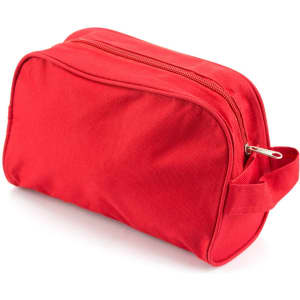 A red toiletry bag with a zipper and a side handle, featuring a logo on the surface.