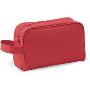 A red toiletry bag featuring a zip closure and a handle for easy carrying. It has a simple, streamlined design and a logo.