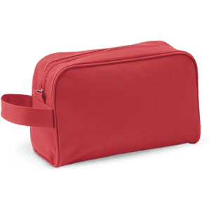 A red toiletry bag featuring a handle and a zip closure, with a simple and sleek design.