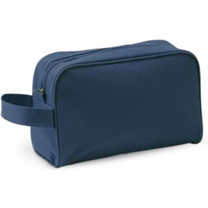 A navy toiletry bag with a zip closure and a side handle, featuring a simple design and a logo.