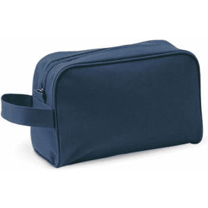 A dark blue toiletry bag with a zipper and a side handle, featuring a simple design and sturdy material.