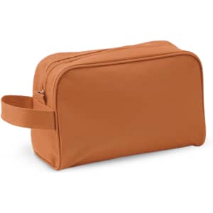 An orange toiletry bag featuring a zip closure and a side handle. It has a simple design and includes branding.