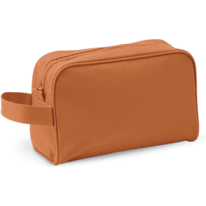An orange toiletry bag with a zippered closure and a side handle. It features a simple design and a branding logo.