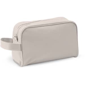 A light grey toiletry bag with a zipper closure and a side handle, featuring a logo on the front.