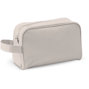 A beige toiletry bag with a zip closure and a side handle, featuring a simple design and a logo.