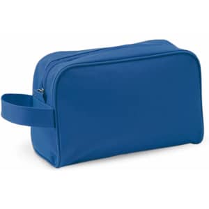 A blue toiletry bag with a zip closure and a side handle. It has a simple design and features a logo.